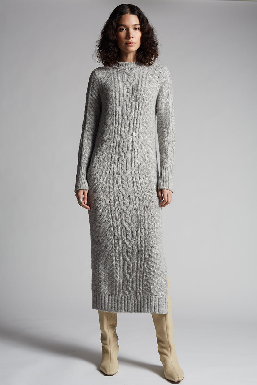 Eleven Six Lora Cable-Knit Split-Cuff Midi Sweater Dress - Pale Grey Eleven Six Lora Cable-Knit Split-Cuff Midi Sweater Dress - Pale Grey