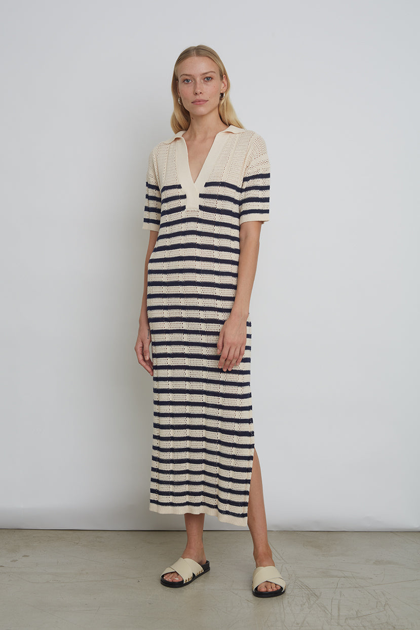 Eleven Six Emmie Stripe Mesh Knit Midi Dress in Ivory & Navy Stripe White Size XS/Small