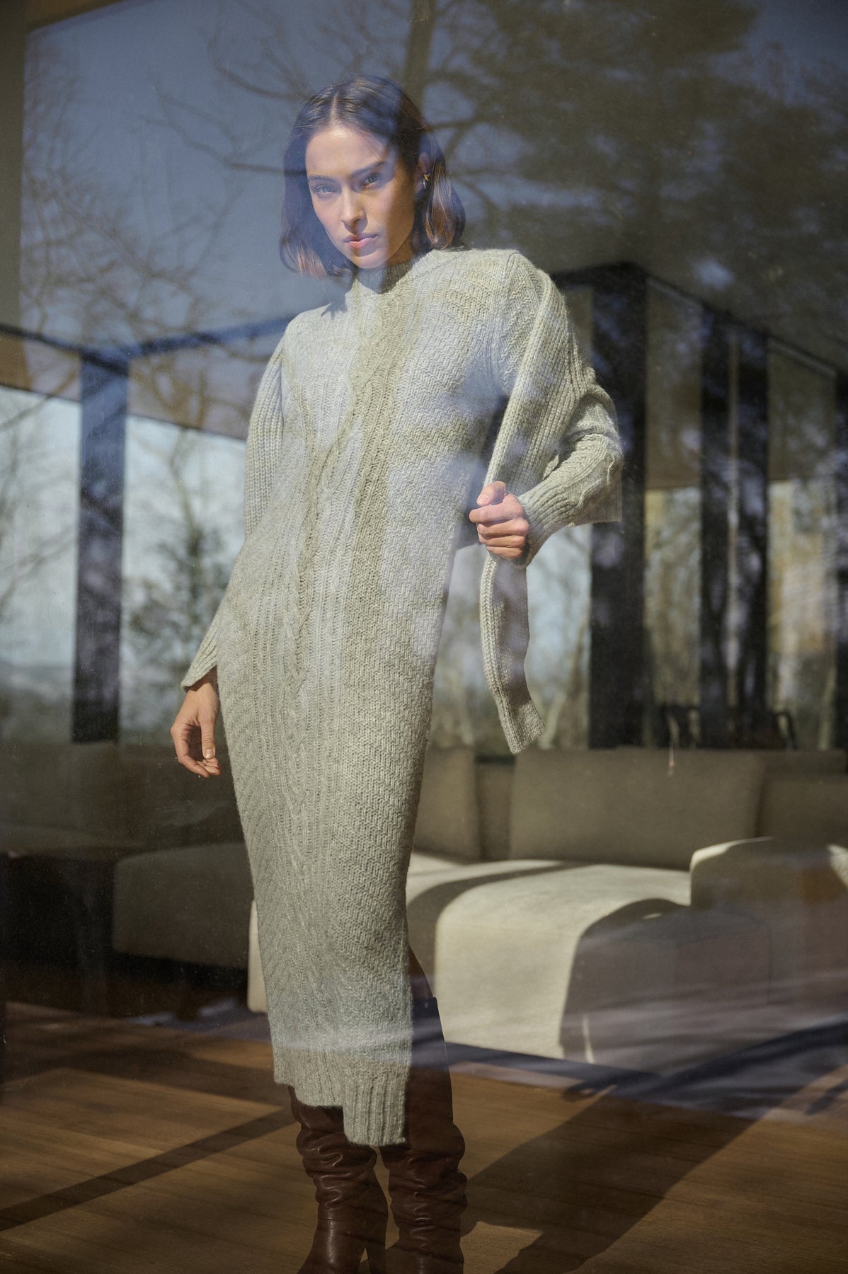 Eleven Six Lora Cable-Knit Split-Cuff Midi Sweater Dress