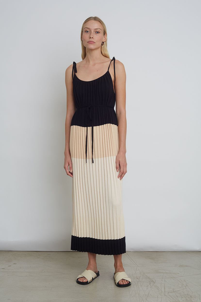 SIMONE COLOR-BLOCK DRESS | BLACK/SAND/IVORY – Eleven Six Knits
