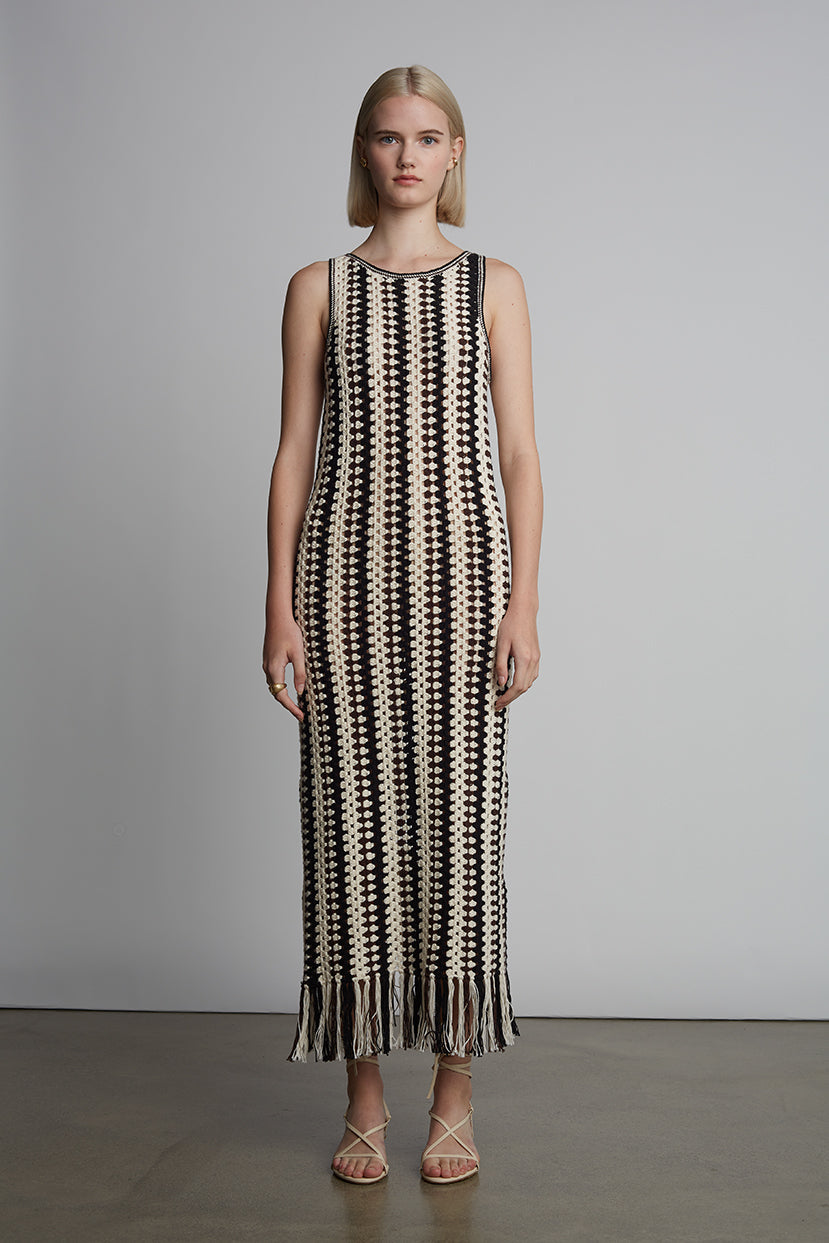 Eleven Six Women's Natalie Fringed Striped Cotton Crochet Knit Midi Dress in Ivory/espresso/black Size Medium