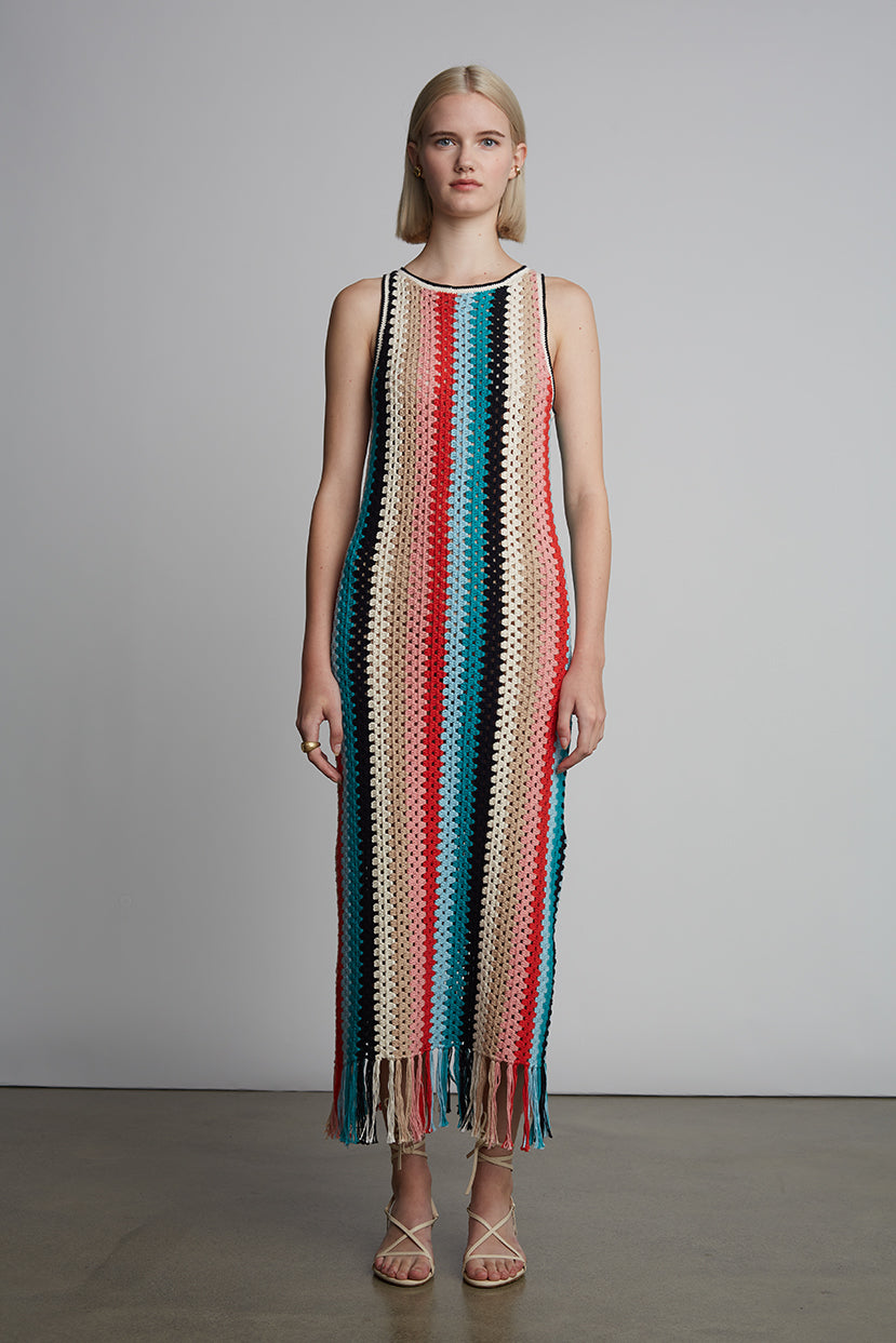 Eleven Six Women's Natalie Fringed Striped Cotton Crochet Knit Midi Dress - White