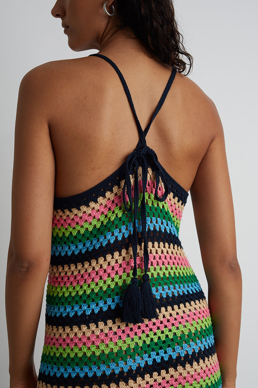 white christmas dresses Rainbow Stripe Crochet Halter Mini Dress